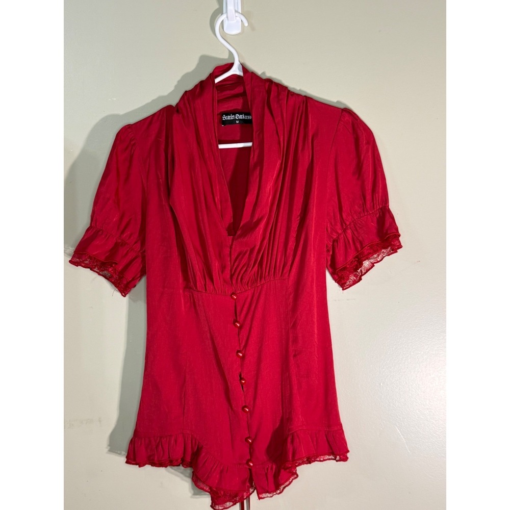 Scarlet Darkness Red Victorian Lace Up Corset Blouse Gothic Y2K Top Medium